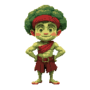 muscular broccoli with a red headband and medieval shorts, using bright and natural colors.