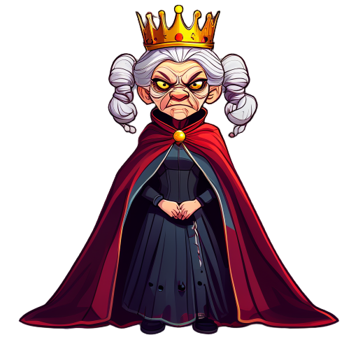 elderly vegetable oil dressed as a queen, with a crown and cape, slim, beautiful, anthropomorphized, with pigtails, using dark colors. face with an enemy-like expression.