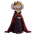 elderly vegetable oil dressed as a queen, with a crown and cape, slim, beautiful, anthropomorphized, with pigtails, using dark colors. face with an enemy-like expression.