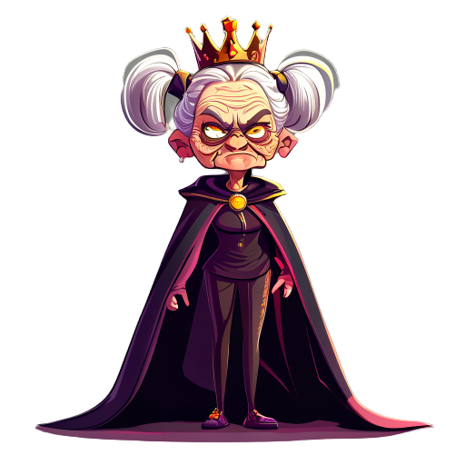 elderly vegetable oil dressed as a queen, with a crown and cape, slim, beautiful, anthropomorphized, with pigtails, using dark colors. face with an enemy-like expression.