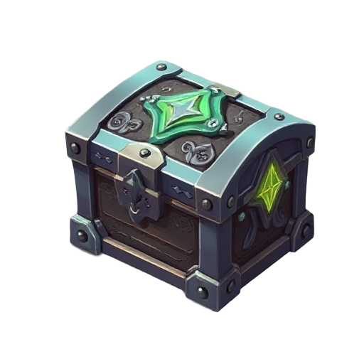 enchanted chest with metal corners, detailed carvings, and glowing runes. fits anime fantasy style with a mystical look that stands out in the game interface. 