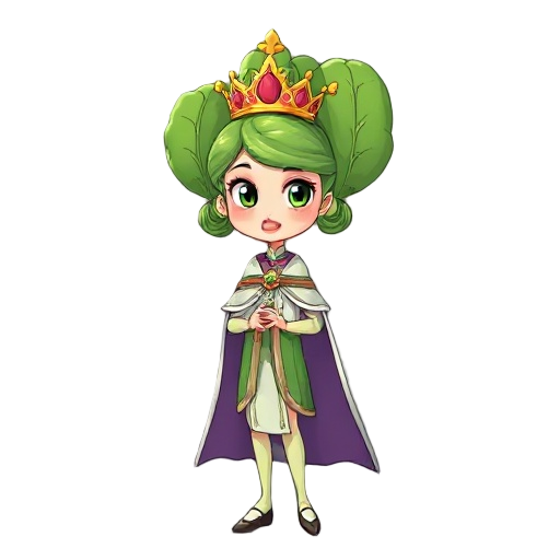 bok choy dressed as a queen, with a crown and cape, slim, beautiful, anthropomorphized, with pigtails, using bright and natural colors.