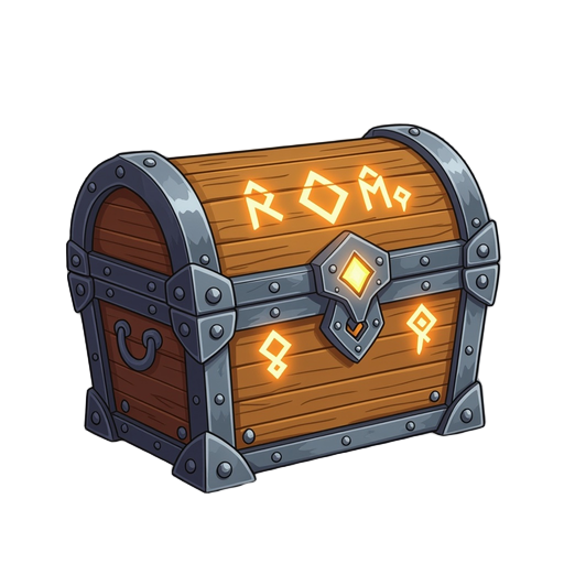 enchanted chest with metal corners, detailed carvings, and glowing runes. fits anime fantasy style with a mystical look that stands out in the game interface.