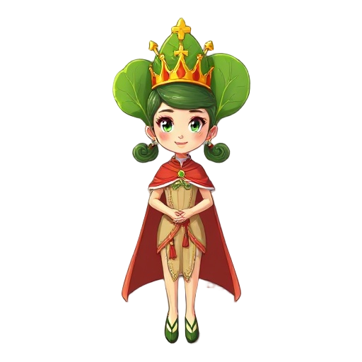 bok choy dressed as a queen, with a crown and cape, slim, beautiful, anthropomorphized, with pigtails, using bright and natural colors.