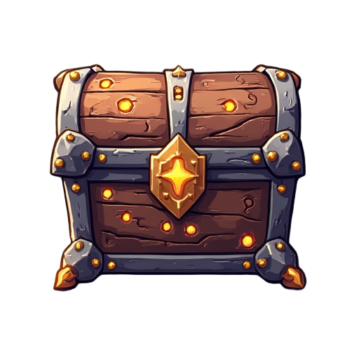 enchanted chest with metal corners, detailed carvings, and glowing runes. fits anime fantasy style with a mystical look that stands out in the game interface.