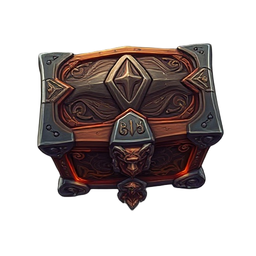 enchanted chest with metal corners, detailed carvings, and glowing runes. fits anime fantasy style with a mystical look that stands out in the game interface. 