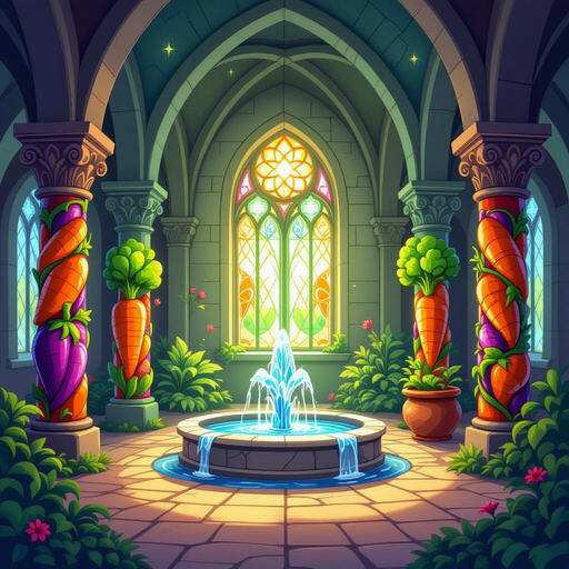 enchanted vegetable cathedral with carved pillars, glowing stained glass, a central water fountain, and a pot statue. bright, natural colors and a magical, organic atmosphere.