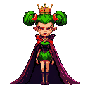 vegetable oil dressed as a queen, with a crown and cape, slim, beautiful, anthropomorphized, with pigtails, using dark colors. face with an enemy-like expression.