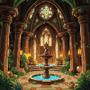 enchanted vegetable cathedral with carved pillars, glowing stained glass, a central water fountain, and a pot statue. bright, natural colors and a magical, organic atmosphere.