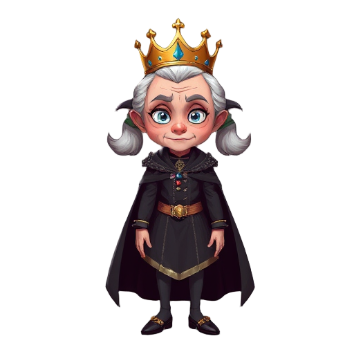 elderly oil dressed as a queen, with a crown and cape, slim, beautiful, anthropomorphized, with pigtails, using dark colors. face with an enemy-like expression