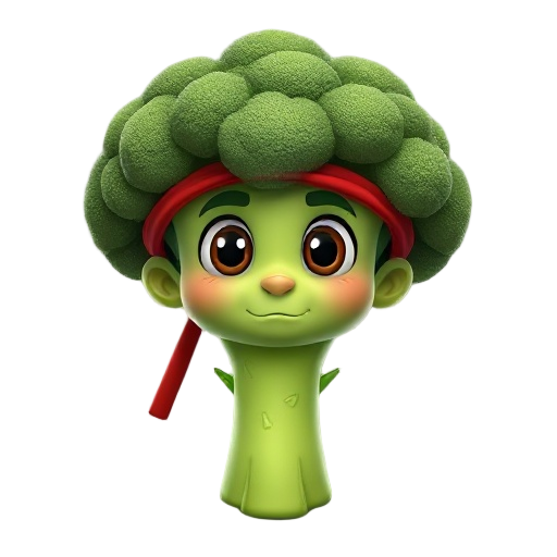 broccoli character with a red headband in front view