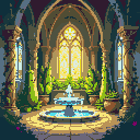 enchanted vegetable cathedral with carved pillars, glowing stained glass, a central water fountain, and a pot statue. bright, natural colors and a magical, organic atmosphere.