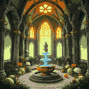 enchanted vegetable cathedral with carved pillars, glowing stained glass, a central water fountain, and a pot statue. bright, natural colors and a magical, organic atmosphere.