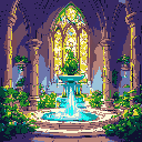 enchanted vegetable cathedral with carved pillars, glowing stained glass, a central water fountain, and a pot statue. bright, natural colors and a magical, organic atmosphere.