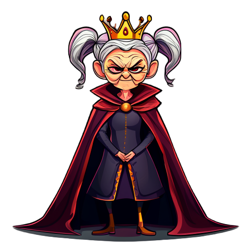 elderly vegetable oil dressed as a queen, with a crown and cape, slim, beautiful, anthropomorphized, with pigtails, using dark colors. face with an enemy-like expression.