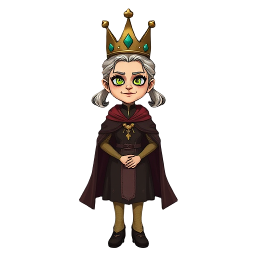 elderly vegetable oil dressed as a queen, with a crown and cape, slim, beautiful, anthropomorphized, with pigtails, using dark colors. face with an enemy-like expression.