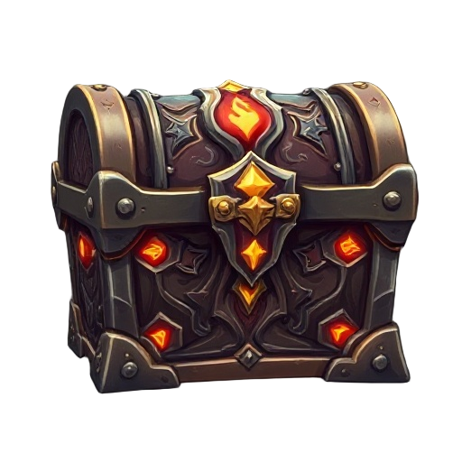 enchanted chest with metal corners, detailed carvings, and glowing runes. fits anime fantasy style with a mystical look that stands out in the game interface.