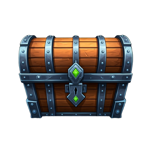 enchanted chest with metal corners, detailed carvings, and glowing runes. fits anime fantasy style with a mystical look that stands out in the game interface.