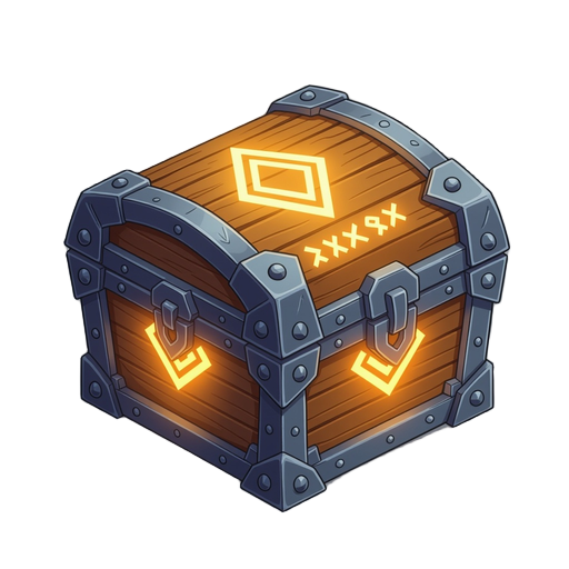 enchanted chest with metal corners, detailed carvings, and glowing runes. fits anime fantasy style with a mystical look that stands out in the game interface.