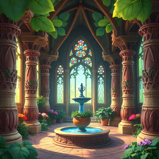 enchanted vegetable cathedral with carved pillars, glowing stained glass, a central water fountain, and a pot statue. bright, natural colors and a magical, organic atmosphere.