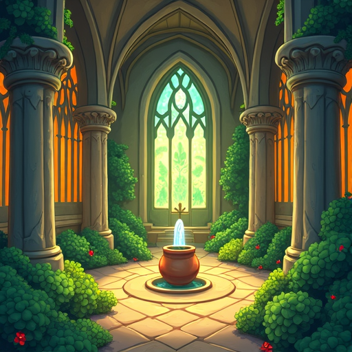 enchanted vegetable cathedral with carved pillars, glowing stained glass, a central water fountain, and a pot statue. bright, natural colors and a magical, organic atmosphere.