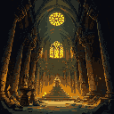 dark ruined cathedral with golden oil, broken pillars, statue of pots, flickering cages, layers of oil, glowing stained glass.