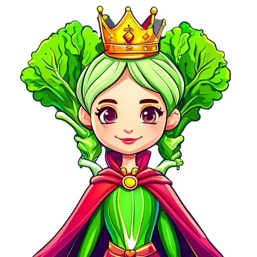 bok choy dressed as a queen, with a crown and cape, slim, beautiful, anthropomorphized, with pigtails, using bright and natural colors.