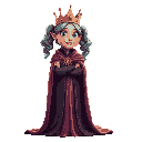 elderly oil dressed as a queen, with a crown and cape, slim, beautiful, anthropomorphized, with pigtails, using dark colors. face with an enemy-like expression