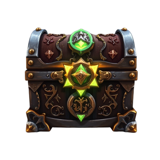 enchanted chest with metal corners, detailed carvings, and glowing runes. fits anime fantasy style with a mystical look that stands out in the game interface.