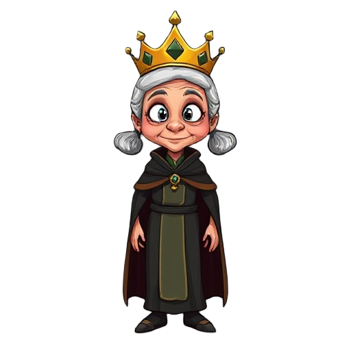 elderly vegetable oil dressed as a queen, with a crown and cape, slim, beautiful, anthropomorphized, with pigtails, using dark colors. face with an enemy-like expression.