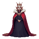 elderly oil dressed as a queen, with a crown and cape, slim, beautiful, anthropomorphized, with pigtails, using dark colors. face with an enemy-like expression