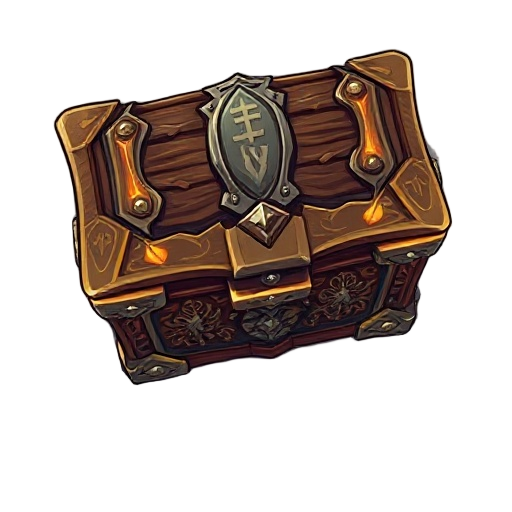 enchanted chest with metal corners, detailed carvings, and glowing runes. fits anime fantasy style with a mystical look that stands out in the game interface.