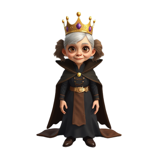 elderly vegetable oil dressed as a queen, with a crown and cape, slim, beautiful, anthropomorphized, with pigtails, using dark colors. face with an enemy-like expression.
