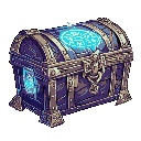 enchanted chest with metal corners, detailed carvings, and glowing runes. fits anime fantasy style with a mystical look that stands out in the game interface.