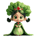 bok choy dressed as a queen, with a crown and cape, slim, beautiful, anthropomorphized, with pigtails, using bright and natural colors.