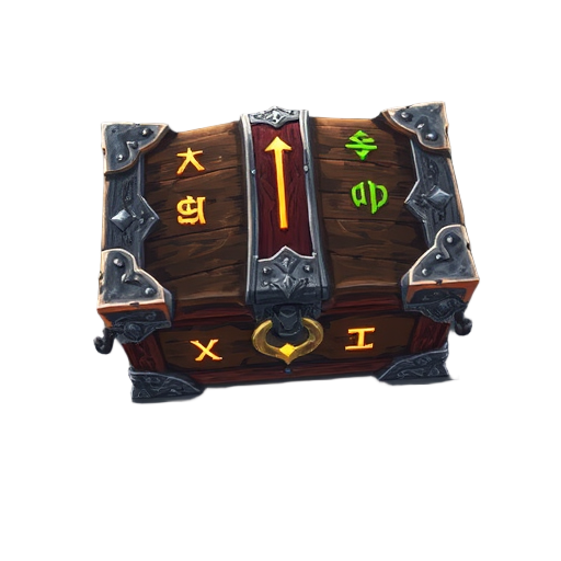 enchanted chest with metal corners, detailed carvings, and glowing runes. fits anime fantasy style with a mystical look that stands out in the game interface.