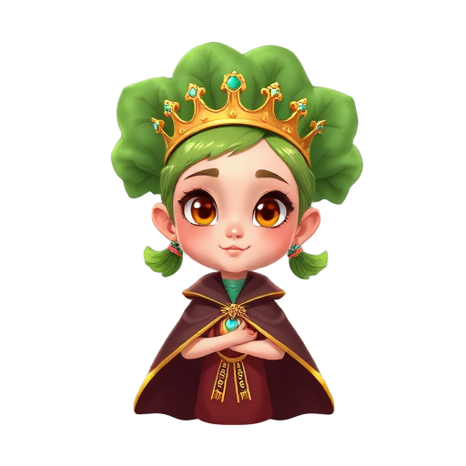 bok choy dressed as a queen, with a crown and cape, slim, beautiful, anthropomorphized, with pigtails, using bright and natural colors.