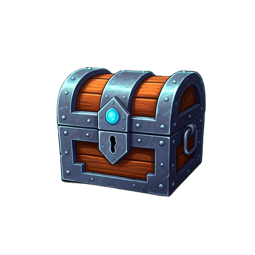 enchanted chest with metal corners, detailed carvings, and glowing runes. fits anime fantasy style with a mystical look that stands out in the game interface.