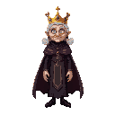 elderly oil dressed as a queen, with a crown and cape, slim, beautiful, anthropomorphized, with pigtails, using dark colors. face with an enemy-like expression
