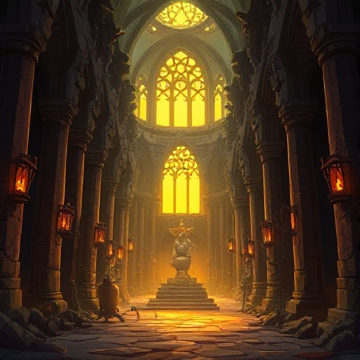 dark ruined cathedral with golden oil, broken pillars, statue of pots, flickering cages, layers of oil, glowing stained glass.