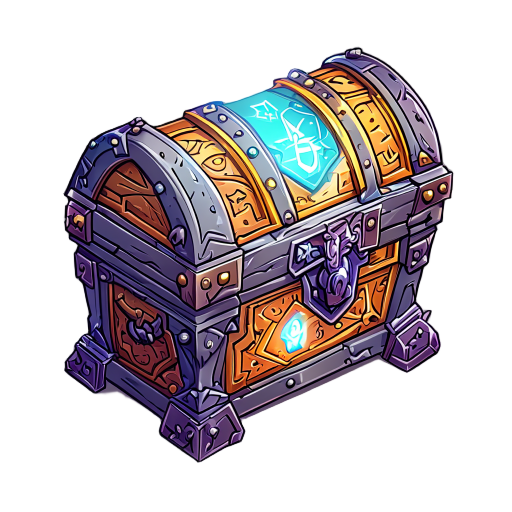 enchanted chest with metal corners, detailed carvings, and glowing runes. fits anime fantasy style with a mystical look that stands out in the game interface.