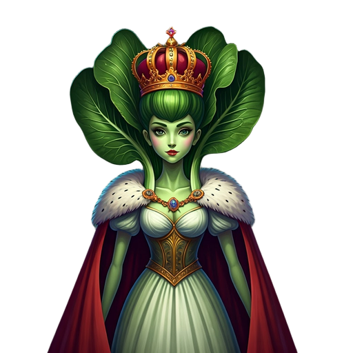 bok choy dressed as a queen, with a crown and cape, slim, beautiful, anthropomorphized, with pigtails, using bright and natural colors.