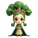 bok choy dressed as a queen, with a crown and cape, slim, beautiful, anthropomorphized, with pigtails, using bright and natural colors.