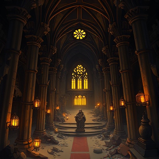 dark ruined cathedral with golden oil, broken pillars, statue of pots, flickering cages, layers of oil, glowing stained glass. view top down