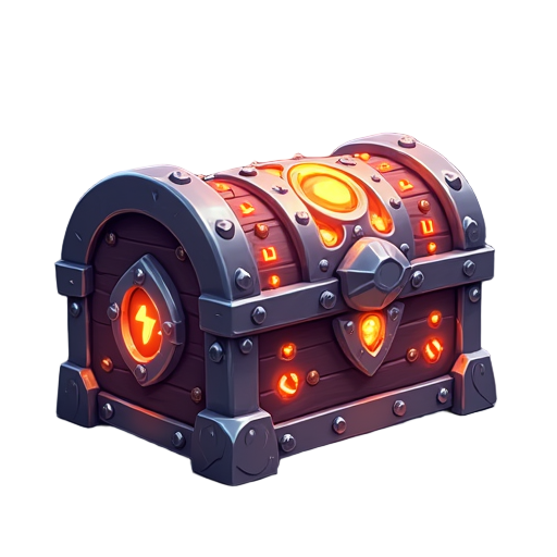 enchanted chest with metal corners, detailed carvings, and glowing runes. fits anime fantasy style with a mystical look that stands out in the game interface.