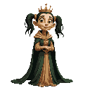 elderly vegetable oil dressed as a queen, with a crown and cape, slim, beautiful, anthropomorphized, with pigtails, using dark colors. face with an enemy-like expression.