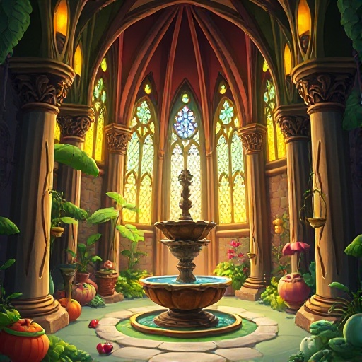 enchanted vegetable cathedral with carved pillars, glowing stained glass, a central water fountain, and a pot statue. bright, natural colors and a magical, organic atmosphere.