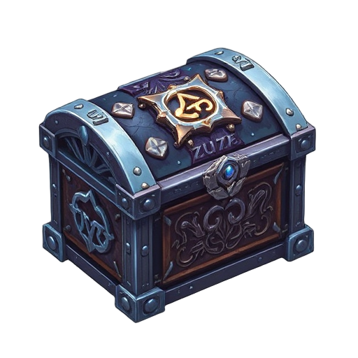 enchanted chest with metal corners, detailed carvings, and glowing runes. fits anime fantasy style with a mystical look that stands out in the game interface.