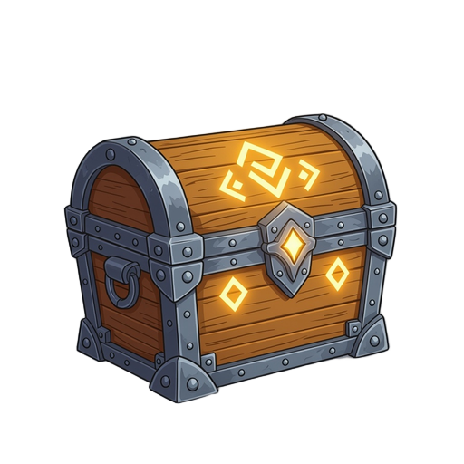 enchanted chest with metal corners, detailed carvings, and glowing runes. fits anime fantasy style with a mystical look that stands out in the game interface.