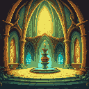 enchanted vegetable cathedral with carved pillars, glowing stained glass, a central water fountain, and a pot statue. bright, natural colors and a magical, organic atmosphere.